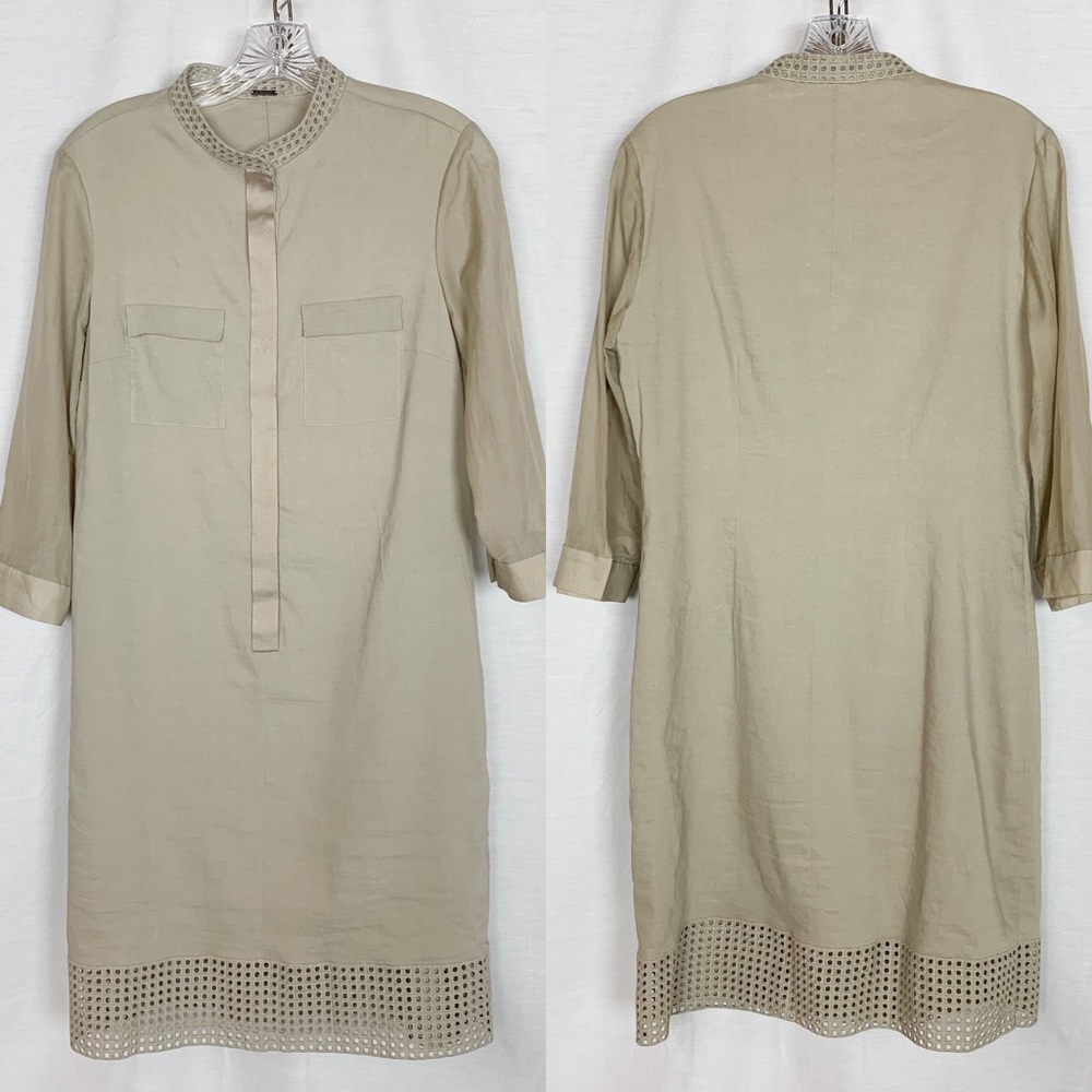 Elie Tahari Khaki Linen Dress with Eyelet Detail